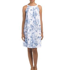 Bellambra 100% linen floral shift dress WHITE BLUE SIZE XS